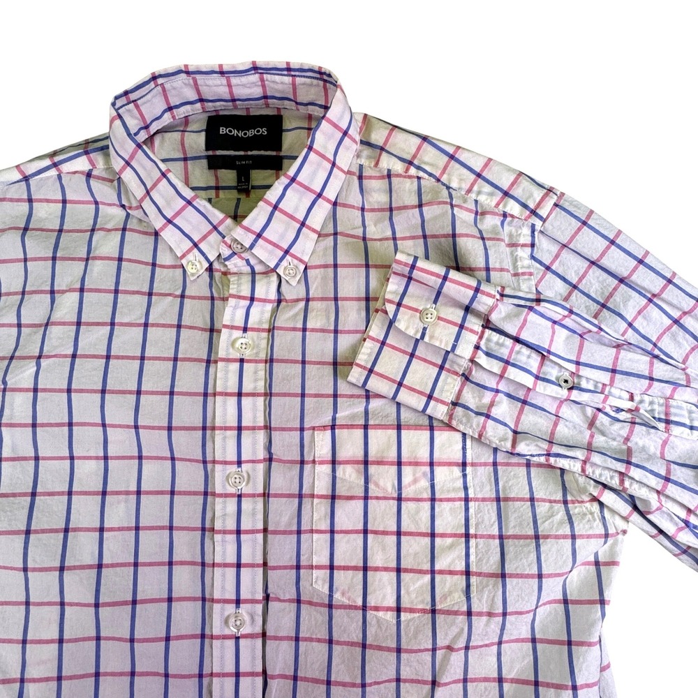 Bonobos Button Down Shirt Men's Large Slim Fit White Blue Pink Windowpane Preppy